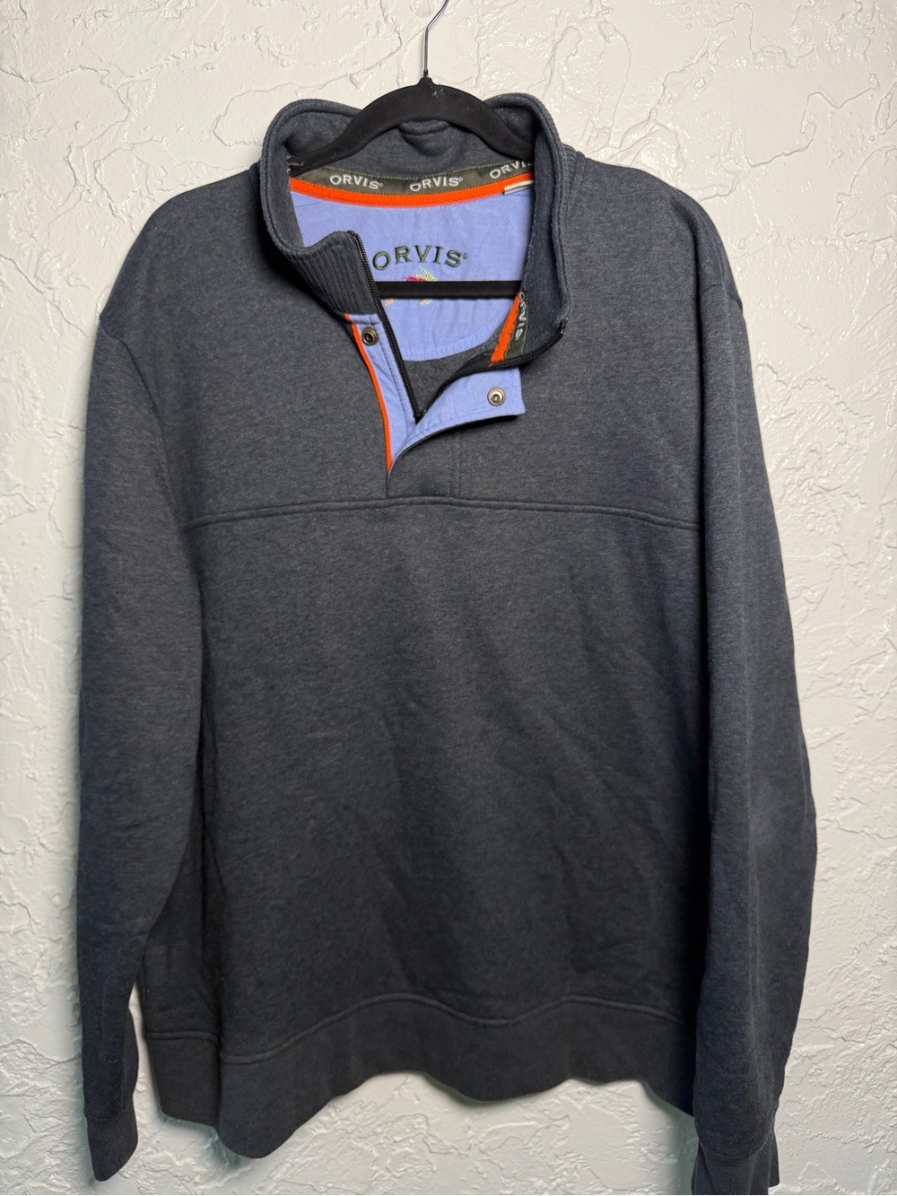 Orvis Men's Dark Gray Zip-Up Sweater with Light Blue & Orange Trim